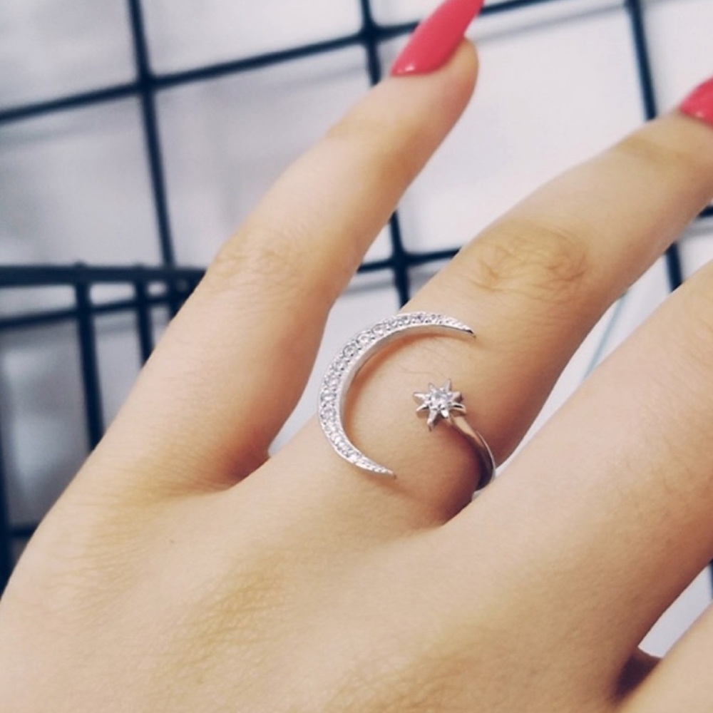 ADJUSTABLE 925 SILVER DIAMOND STAR MOON RING